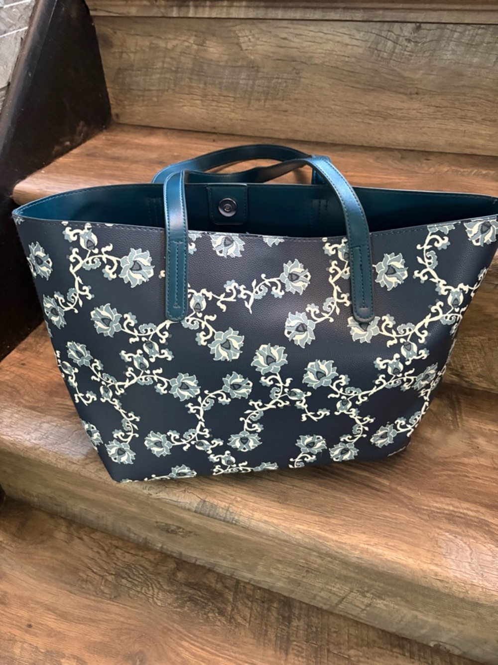 Navy Floral Chain-Print Tote Bag